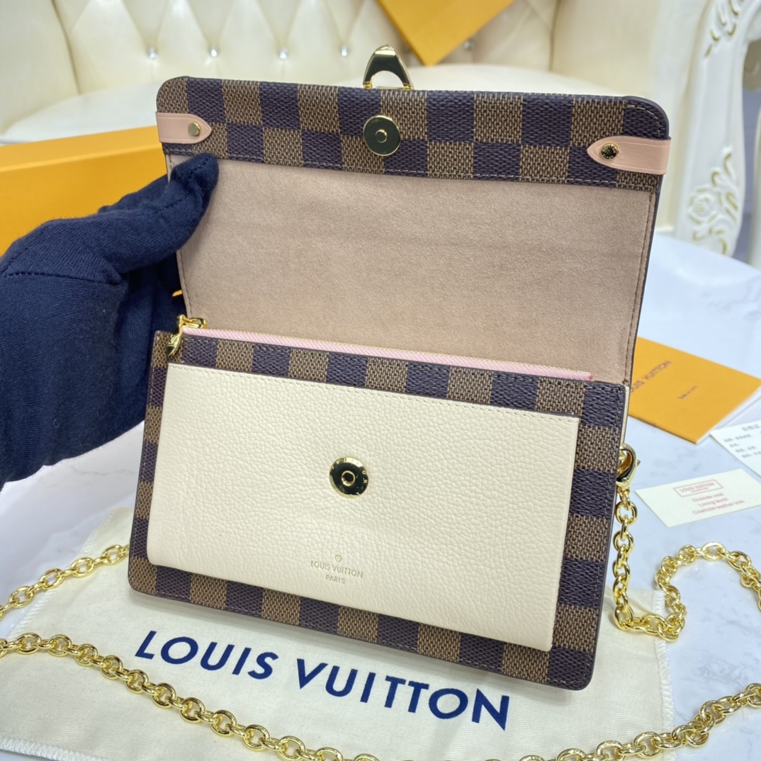 Louis Vuitton VAVIN CHAIN WALLET Handbag Damier Ebene N60237 Cream/Pink